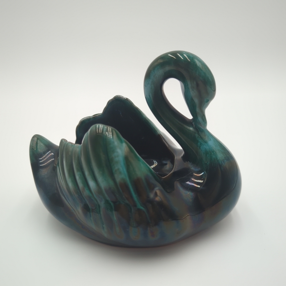 Blue Mountain Pottery Swan Planter Vase Trinket Dish Green Drip Glaze Canada